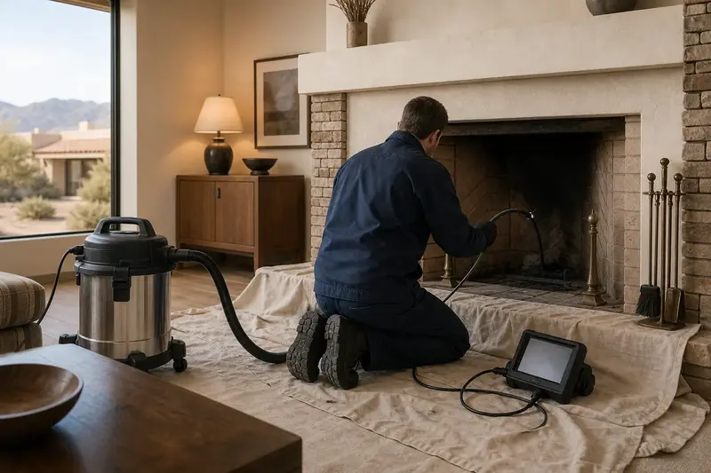 A technician guiding an inspection camera into the firebox of an open masonry wood-burning fireplace, the fireplace cold and unlit; illustrative image