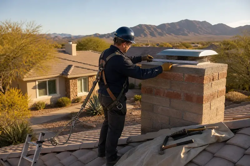 A harnessed mason measuring the crown of a slump-block brick chimney with a steel cap with a folding rule; illustrative image