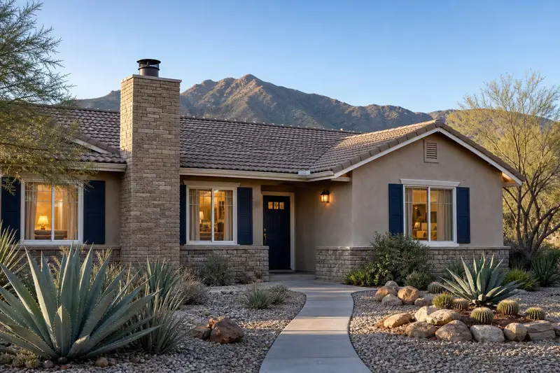 A 1990s stucco ranch house with a concrete tile roof with a slump-block brick chimney with a steel cap, lit windows and a swept front walk; illustrative image