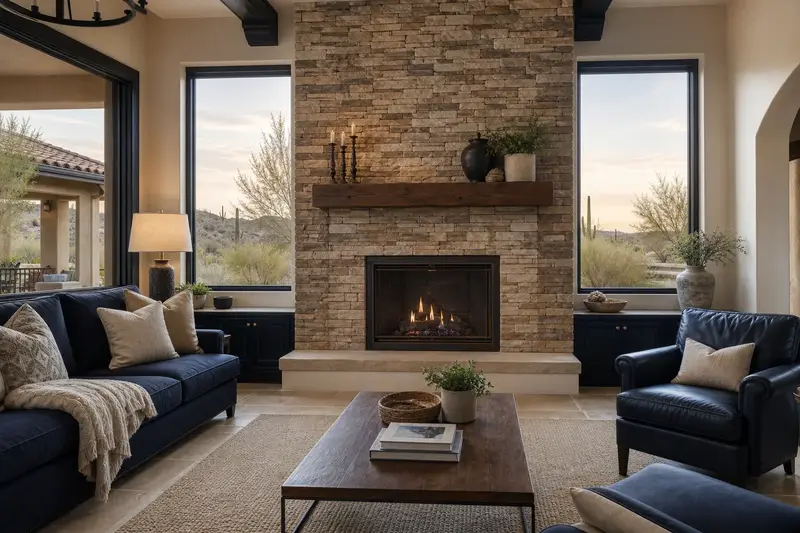 A remodeled living room with a direct-vent gas fireplace framed by a floor-to-ceiling stone surround; illustrative image