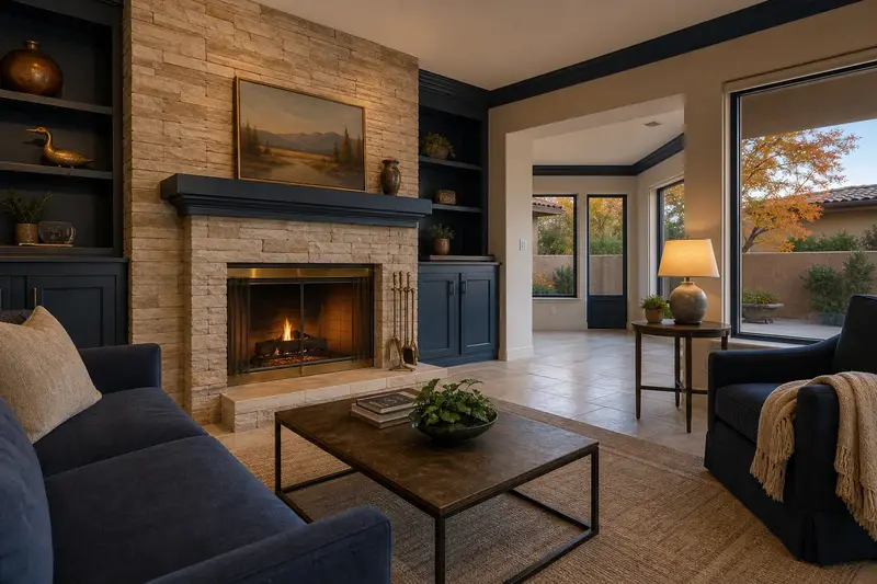 A restored hearth room with an open masonry wood-burning fireplace, a clean hearth and brass fireplace tools; illustrative image
