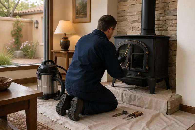 A technician adjusting the glass doors of a cast-iron wood stove on a stone hearth pad with a hand tool, the fireplace unlit; illustrative image