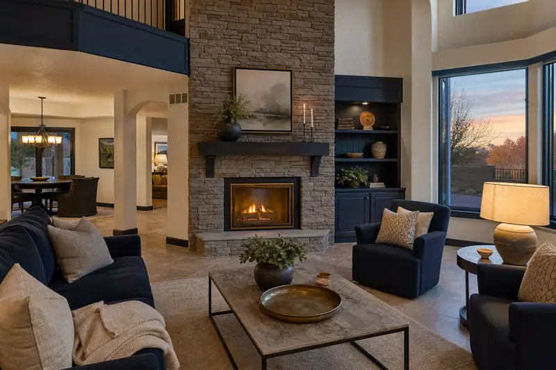 A living room with a direct-vent gas fireplace glowing warmly behind glass, no one present; illustrative image
