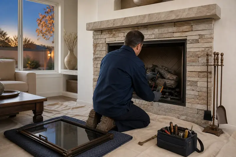 A technician testing the igniter of a vented gas log set in a masonry firebox with the glass front set aside; illustrative image
