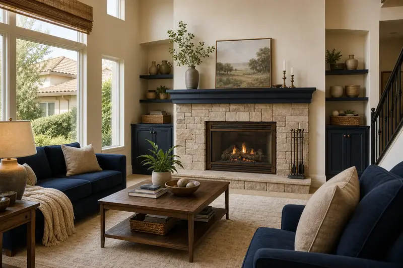 A warm living room with a vented gas log set in a masonry firebox glowing softly behind its glass, no one present; illustrative image