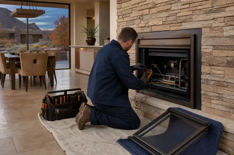 A technician kneeling at a gas insert set in a brick opening with the glass front removed, testing the controls with a multimeter; illustrative image