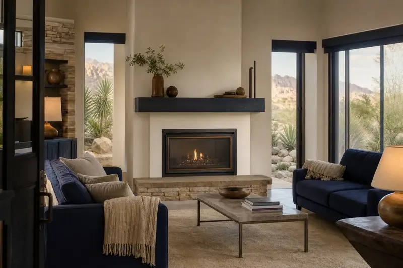 A living room with a direct-vent gas fireplace and a small steady flame behind glass; illustrative image