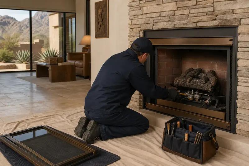 A technician checking the pilot assembly of a gas insert set in a brick opening with the glass front removed; illustrative image
