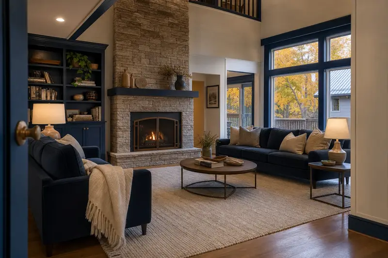 A living room with a factory-built wood-burning fireplace with a stone facing and a small fire behind a screen, no one present; illustrative image