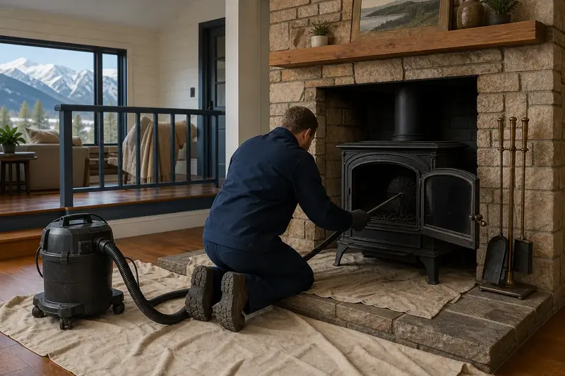 A technician kneeling at a cast-iron wood stove on a stone hearth pad with a sealed vacuum and drop cloths, the fireplace cold and unlit; illustrative image