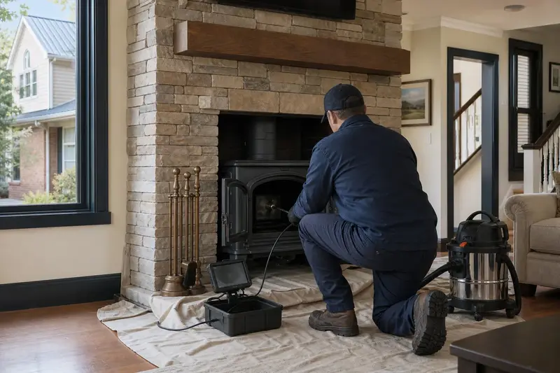 A technician guiding an inspection camera into the firebox of a freestanding gas stove, the fireplace cold and unlit; illustrative image