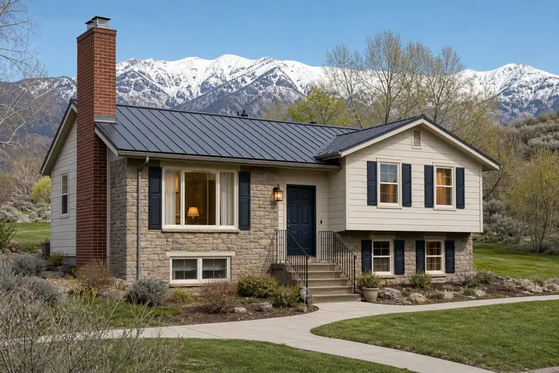 A 1980s split-level house with stone accents with a red brick chimney with a steel cap on a metal roof and neat mortar joints; illustrative image
