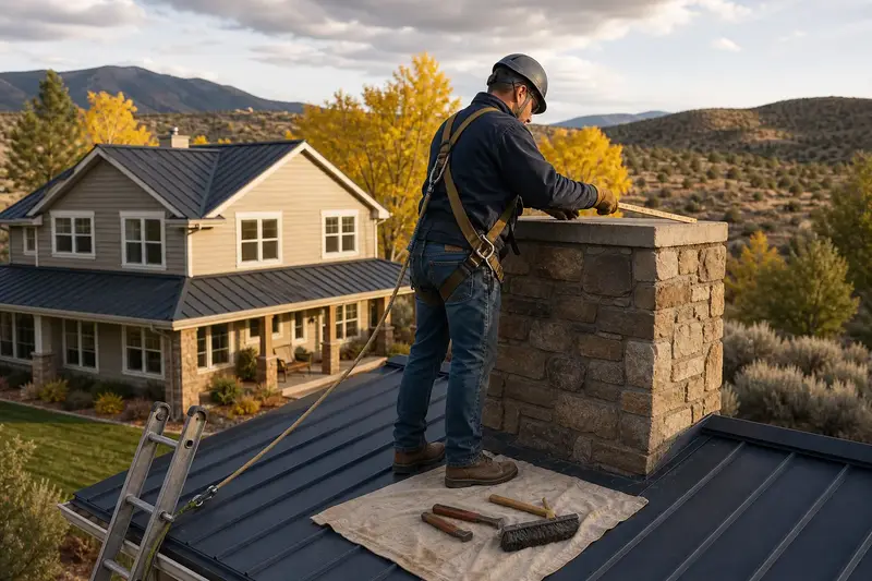 A harnessed mason measuring the crown of a stacked-stone chimney on a metal roof with a folding rule; illustrative image