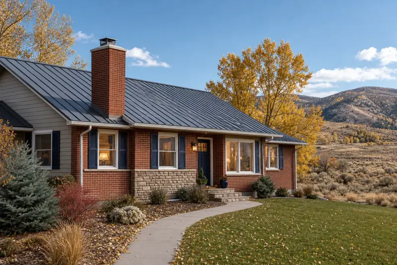 A 1980s brick ranch house with a red brick chimney with a steel cap on a metal roof, lit windows and a swept front walk; illustrative image