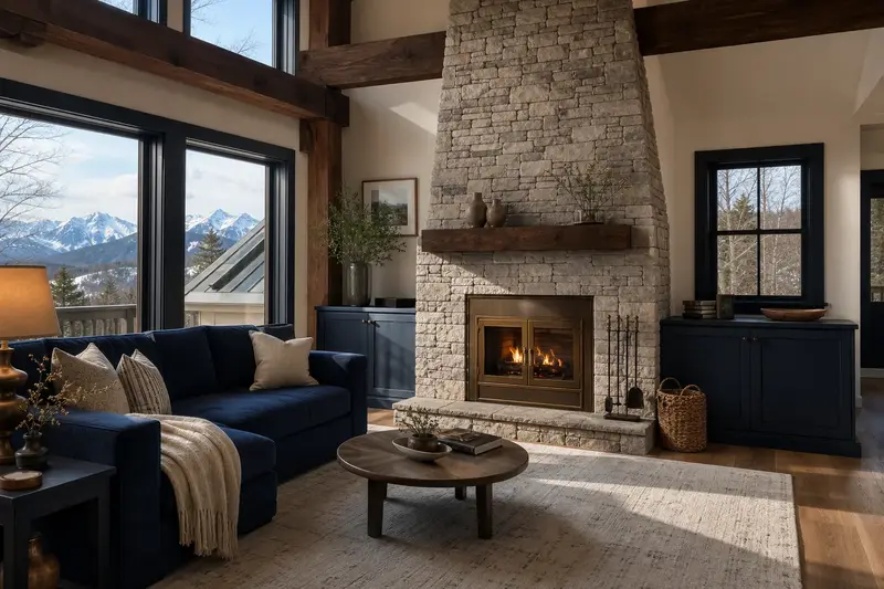 A remodeled living room with a factory-built wood-burning fireplace with a stone facing framed by a floor-to-ceiling stone surround; illustrative image