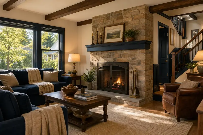 A restored hearth room with an open masonry wood-burning fireplace, a clean hearth and brass fireplace tools; illustrative image