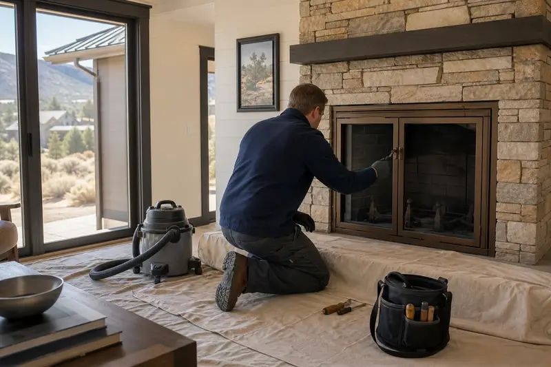 A technician adjusting the glass doors of a factory-built wood-burning fireplace with a stone facing with a hand tool, the fireplace unlit; illustrative image