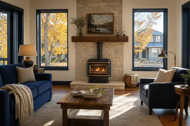 A living room with a freestanding gas stove glowing warmly behind glass, no one present; illustrative image