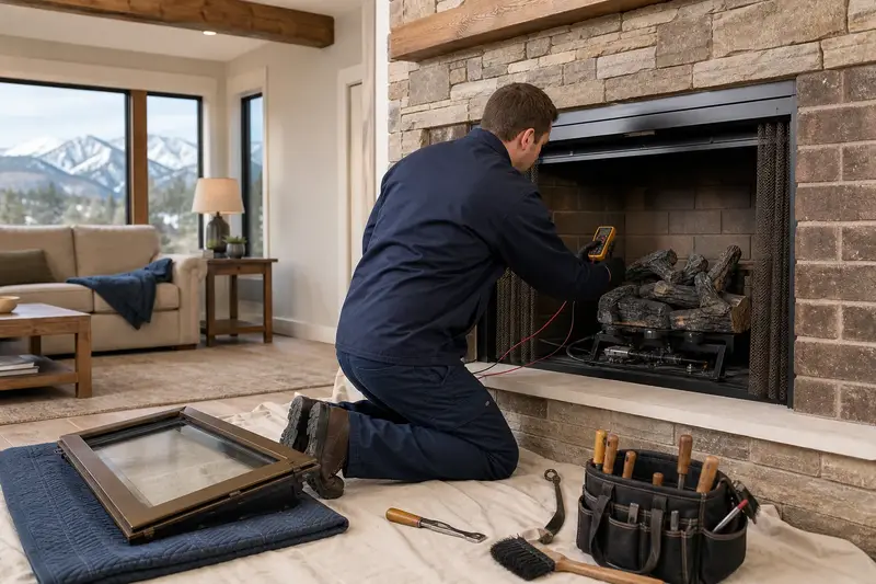 A technician testing the igniter of a vented gas log set in a masonry firebox with the glass front set aside; illustrative image