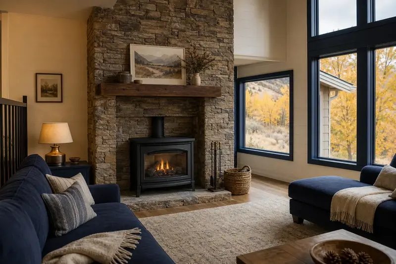 A warm living room with a freestanding gas stove glowing softly behind its glass, no one present; illustrative image