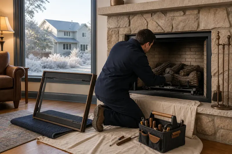A technician checking the burner and log placement of a vented gas log set in a masonry firebox with the gas off and the glass set aside; illustrative image