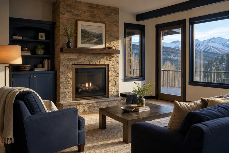A living room with a direct-vent gas fireplace and a small steady flame behind glass; illustrative image