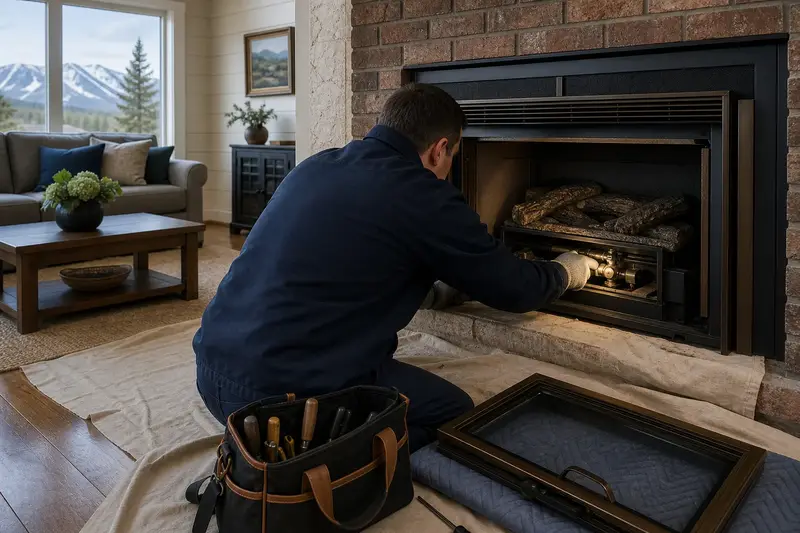 A technician checking the pilot assembly of a gas insert set in a brick opening with the glass front removed; illustrative image