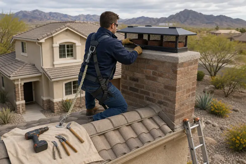 A harnessed technician fastening a multi-flue cap over the crown of a brick chimney with a metal cap on a concrete tile roof; illustrative image