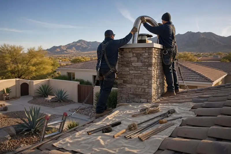 Two harnessed technicians feeding a stainless steel liner into a stacked-stone chimney above a tile roof from a dry roof; illustrative image