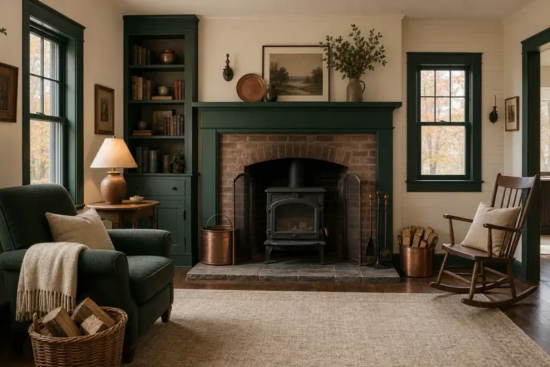 A comfortable hearth room with a cast-iron wood stove on a stone hearth pad, a reading chair, a wool throw and split firewood, no one present; illustrative image