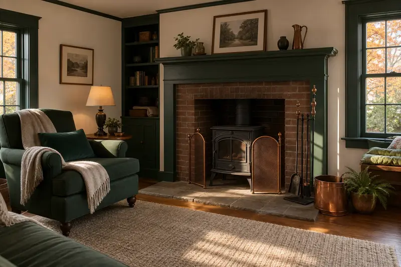 A quiet hearth room with a cast-iron wood stove on a stone hearth pad and a reading chair; illustrative image