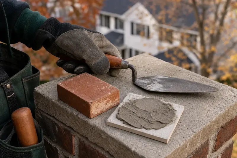 A pointing trowel, a brick sample and a mortar color sample resting on a chimney crown; illustrative image