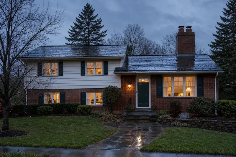 A 1970s split-level house after a cold rain with a two-flue brick chimney on a slate roof, wet roofs and clear gutters; illustrative image