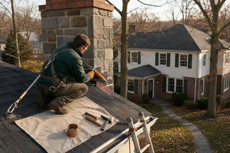 A harnessed technician sealing the step flashing where a stone masonry chimney meets the roof; illustrative image