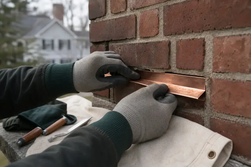 Gloved hands fitting counter-flashing into a mortar joint on a brick chimney; illustrative image