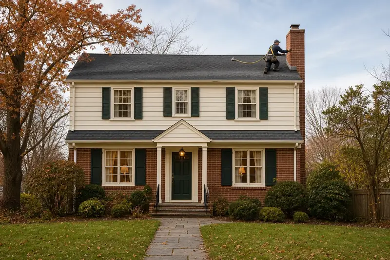 A 1990s two-story suburban house showing a red brick chimney with a concrete crown rising above the roof; illustrative image