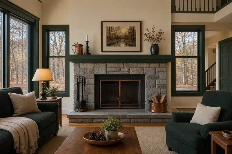 A living room with a factory-built wood-burning fireplace with a stone facing seen straight on, its opening, hearth and surround clear; illustrative image