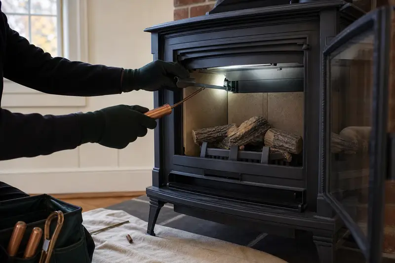 The firebox, damper and hearth of a freestanding gas stove, seen up close; illustrative image