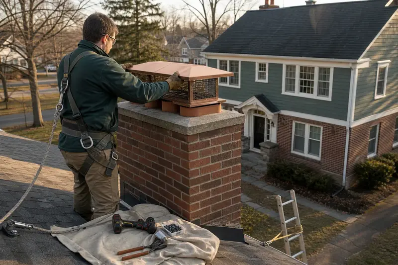 A harnessed technician fastening a multi-flue cap over the crown of a red brick chimney with a concrete crown; illustrative image