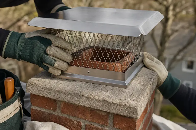 A stainless steel mesh cap seated on a flue above a concrete crown, seen up close; illustrative image