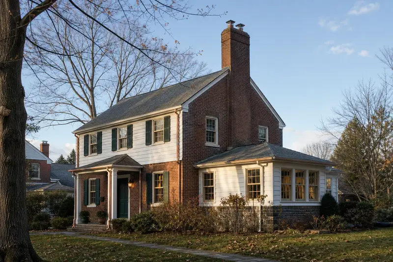 A 1970s two-story suburban house in soft daylight with a two-flue brick chimney on a slate roof standing clear above the roofline; illustrative image
