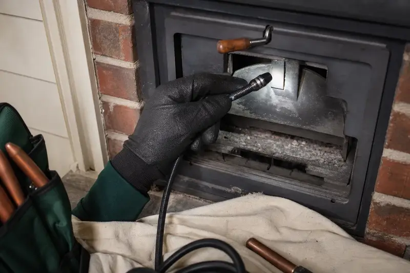 An inspection camera head on a flexible cable at the damper opening of a wood-burning insert in a brick opening; illustrative image