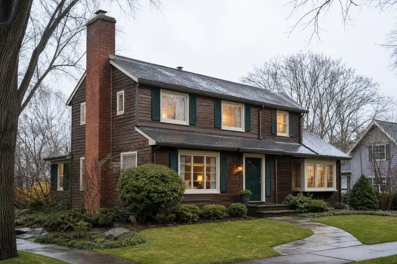 A 1970s cedar-sided contemporary house after a cold rain with a red brick chimney with a concrete crown, wet roofs and clear gutters; illustrative image
