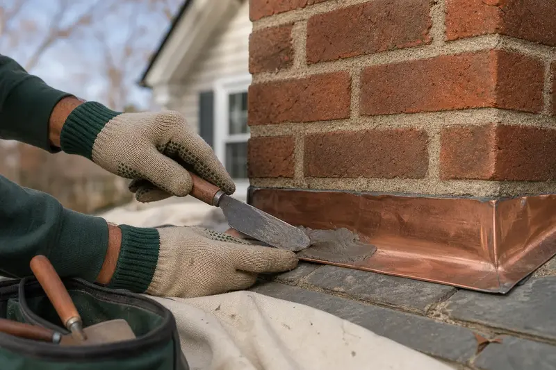 Gloved hands resealing the counter-flashing joint at the base of a brick chimney; illustrative image