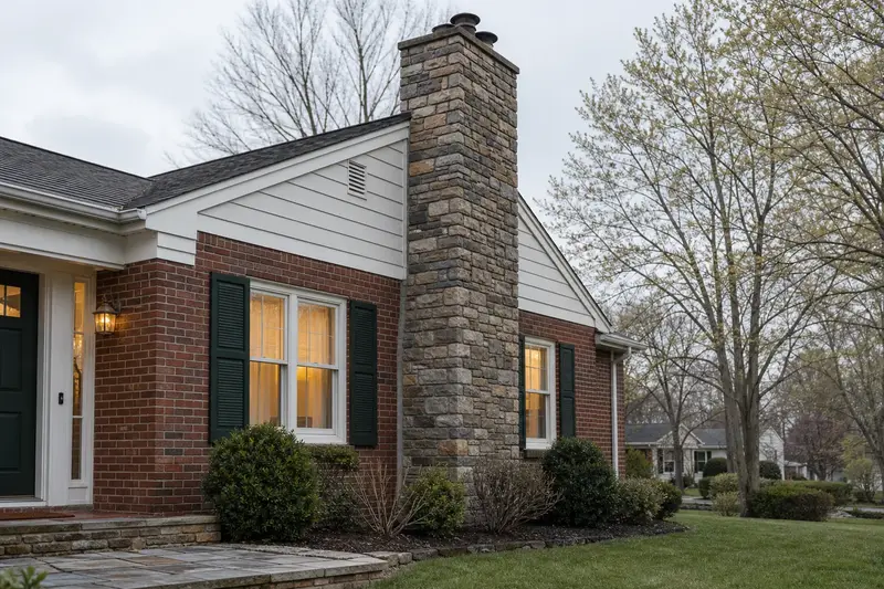 A 1970s brick-front ranch house with a stone masonry chimney and neat, even mortar joints; illustrative image