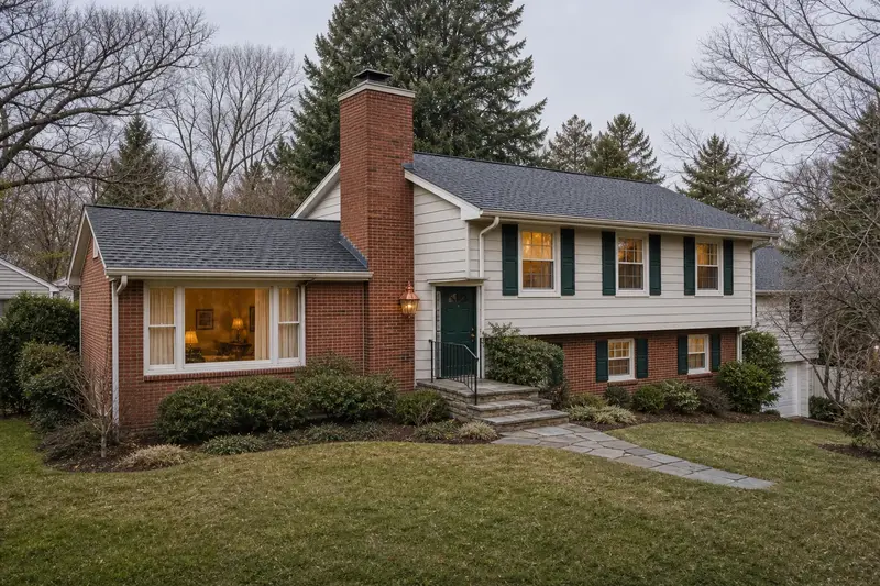 A 1970s split-level house with a red brick chimney with a concrete crown and neat mortar joints; illustrative image