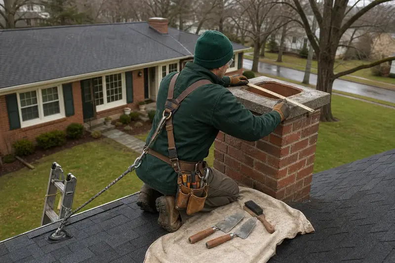 A harnessed mason measuring the crown of a tall brick chimney on a steep gable roof with a folding rule; illustrative image