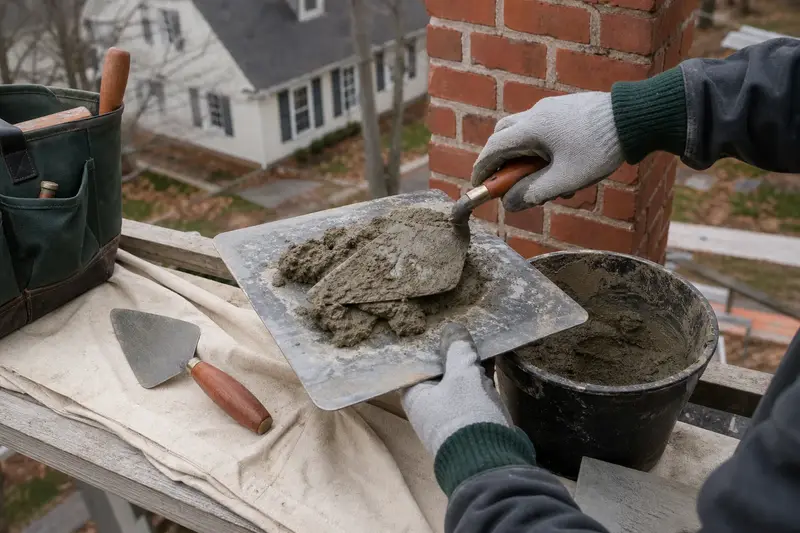 A mortar hawk, trowels and a bucket of mixed mortar set on a roof work platform; illustrative image