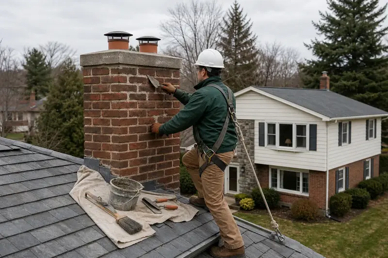A harnessed mason repointing mortar joints on a two-flue brick chimney on a slate roof with a pointing trowel; illustrative image
