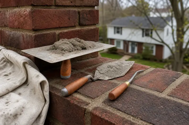 A mortar hawk, pointing trowel and jointer resting on sound brick at a chimney shoulder; illustrative image